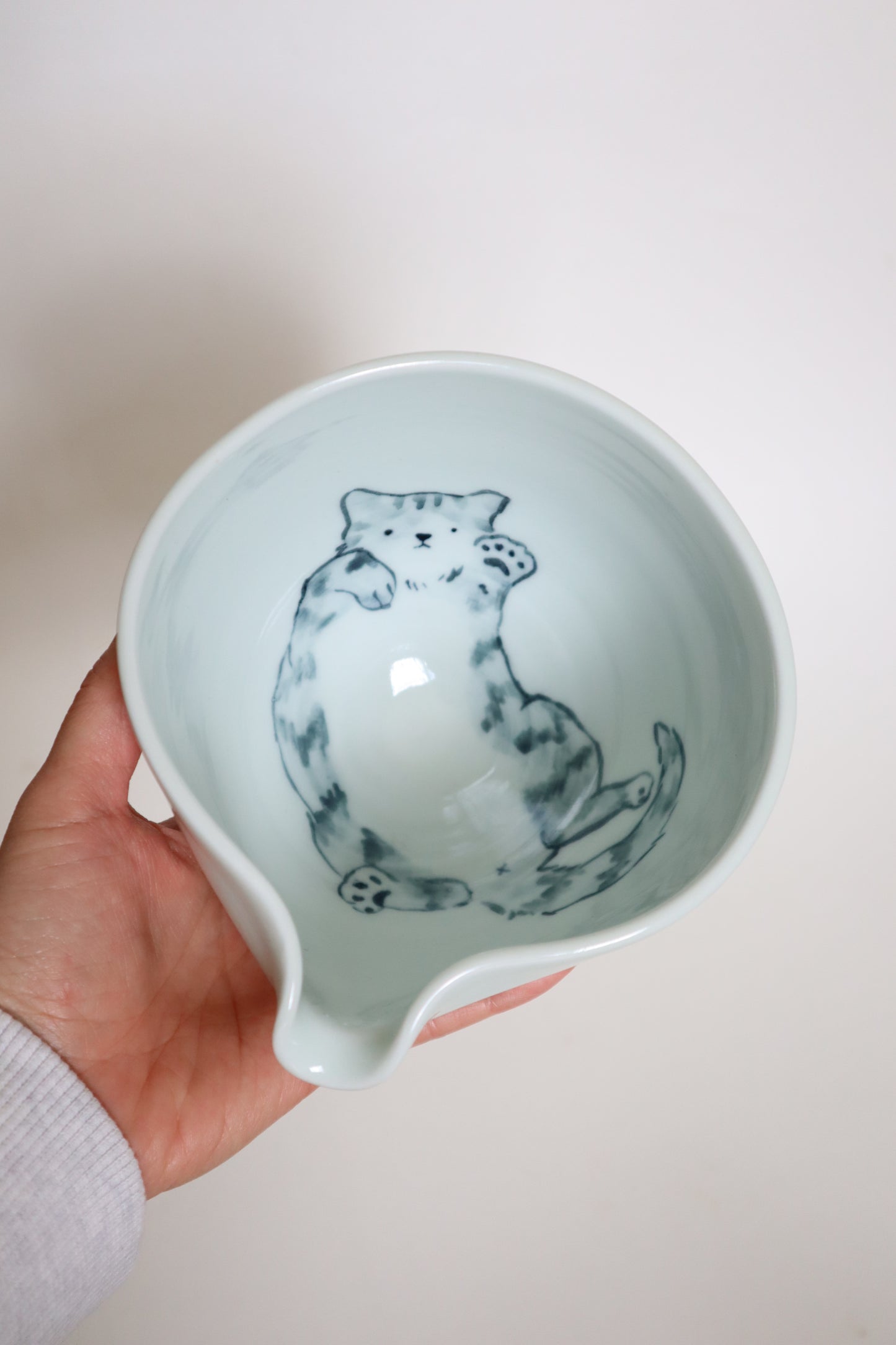 Button the cat in matcha bowl